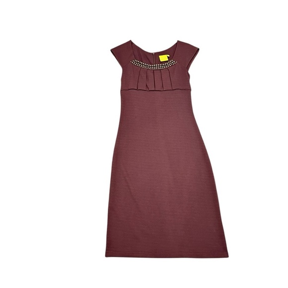 Aysha Saeed designer Brown bodycon Dress antique gold-tone Studded Neckline xs - Picture 7 of 8